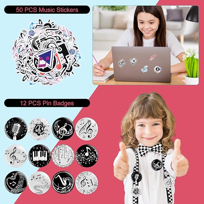Seajan 110 Pcs Music Party Favors Include Music Notes Silicone Bracelets Musical Note Necklaces Keychains Stickers Badges Organza Gift Bag Fillers for Music Themed Birthday Party Supplies Decorations