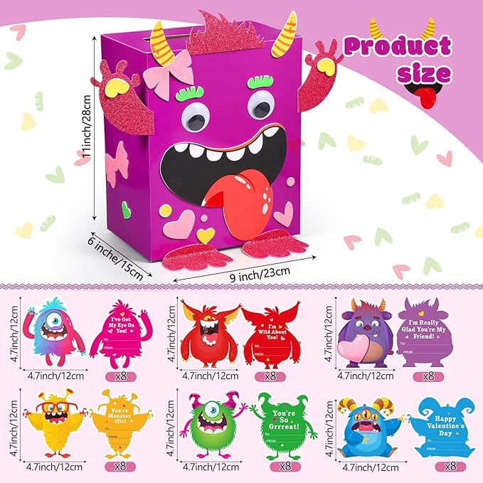 Pasimy DIY Valentines Monster Mailbox with 30 Greeting Cards, Monster Mailbox for Valentine's Day Exchange Gifts Party Favor Sets