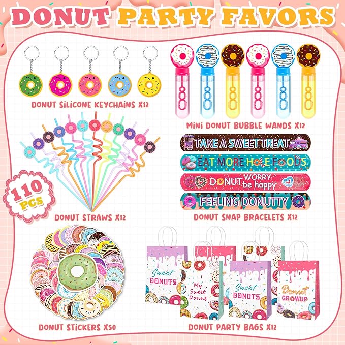 110 Pcs Donut Party Favors Include 12 Mini Donut Bubble Wands 12 Straws 12 Keychains 12 Donut Party Bags 12 Snap Bracelets 50 Stickers for Doughnut Birthday Party Gift Goodie Bag Fillers