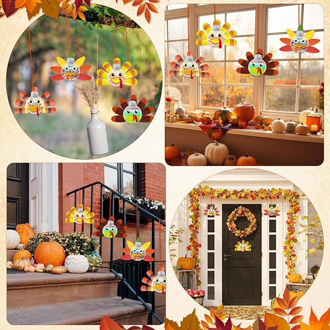 12 Pcs Thanksgiving Turkey DIY Craft Kits,Toddler Thanksgiving Hanging Booze Ball Ornaments Crafts DIY Make a Turkey for Festive Fall Party Classroom Activities Ornament Decorations (Turkey)