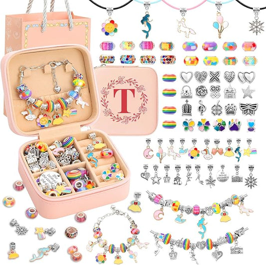 Charm Bracelet Making Kit for Girls 3-12, Kids Jewelry Making Kit 66Pcs Jewelry Kits for Girls Ages 8-12 Jewelry Maker Craft Necklace Birthday Christmas Gifts with Initial Jewelry Organizer Box - T