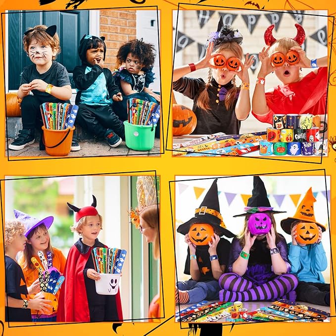 JUNEBRUSHS 56 Pack Halloween Slap Bracelets for Halloween Slap Bands Wristband Halloween Party Favors Snap Bracelets Bulk for Birthday Gifts Toys Party Bag Fillers