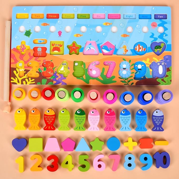 Wooden alphanumeric Shapes Jigsaw Ring Count Classification Toys Math Shapes Building Blocks Toddler Learning Playboard Math Fishing Educational Toys Montessori Educational Toys (color3)