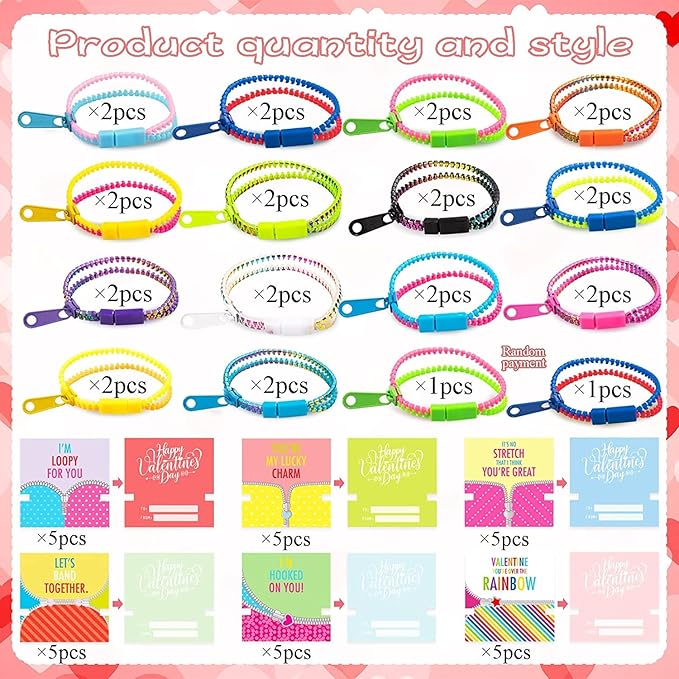 OuMuaMua 30Pcs Valentines Day Cards Gift for Kids Classroom - Valentines Cards with Fidget Zipper Bracelets Toy for Kids Valentine’s Day Classroom Exchange Valentines Party Favors