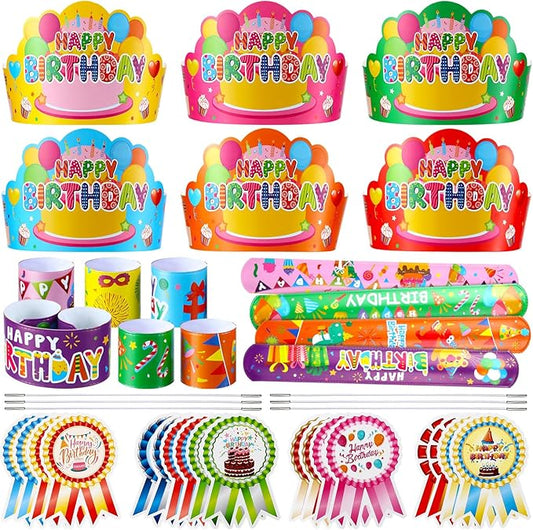 Yunsailing 108 Pcs Happy Birthday Party Supplies for Kids Include 36 Birthday Paper Crowns 36 Birthday Badge Stickers 36 Happy Birthday Slap Bracelets for Classroom School Party Supply(Bright Color)