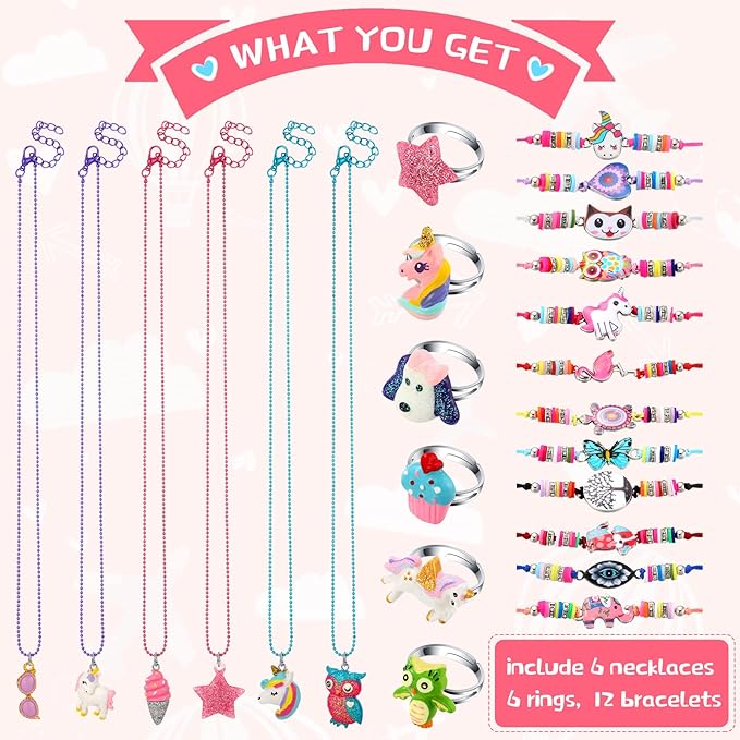 24 Pcs Little Girl Jewelry Set Kids Unicorn Necklace Cute Woven Bracelet Ring for Girls Pretend Dress up Party Favor (Vivid Style)
