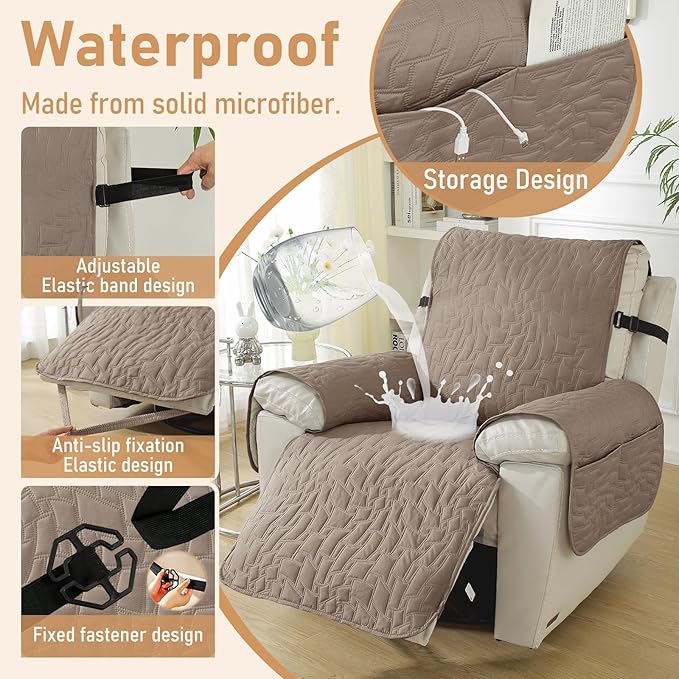 100% Waterproof Recliner Chair Covers for Reclining Chair, Small Recliner Covers That Stay in Place, Non-Slip Recliner Armchair Cover with Pockets for Kids, Pets, Dogs, Cat, Washable,Khaki,23IN