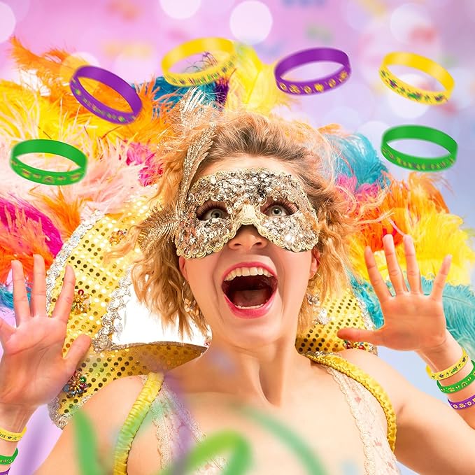Wettarn 100 Pcs Mardi Gras Silicone Bracelets Mardi Gras Rubber Bracelets Mardi Gras Carnival Bracelet Set Mardi Gras Party Favors for Goodie Bag Favor Stuffers Birthday Party Favors Supplies