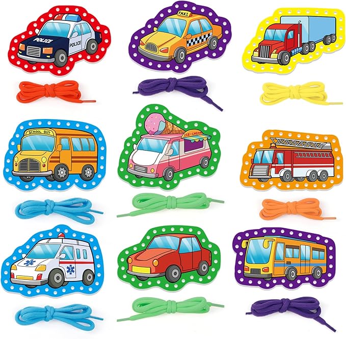 Aizweb Vehicle Lacing Cards,Sewing Kit for Toddlers, Fine Motor Skill Toys,Threading Toys for Preschoolers,Shoe Tying Practice Art and Craft for Kids Educational Kindergarten Learning Activities