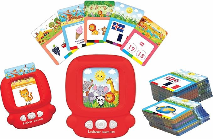 LEXiBOOK, Bilingual Interactive Card Reader, Spanish/English, 150 Double Sided Cards, Educational Quiz & flashcard Machine, Red, JCR10i2