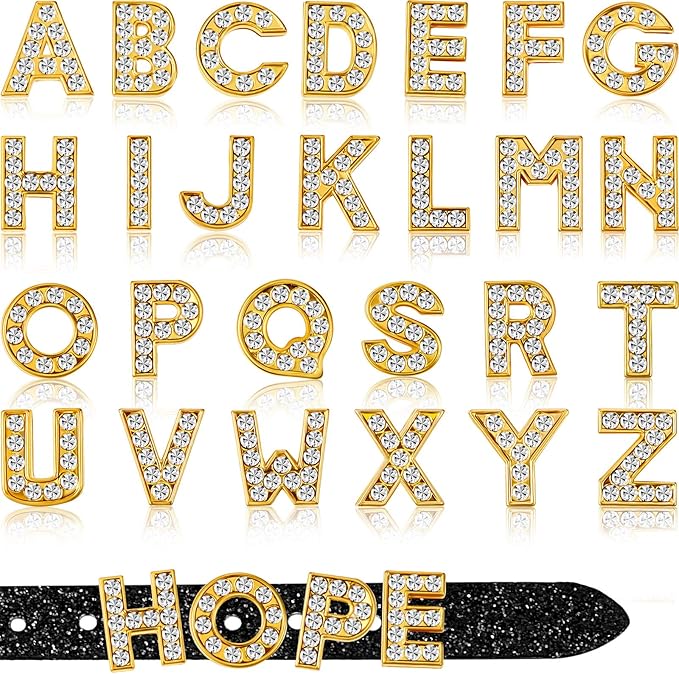 104 Pieces 8 mm Full Rhinestones Slide Alphabet Letters A-Z DIY Letters Charm for Wristbands Bracelets Necklace Choker Jewelry Making Charms Supplies, Gold