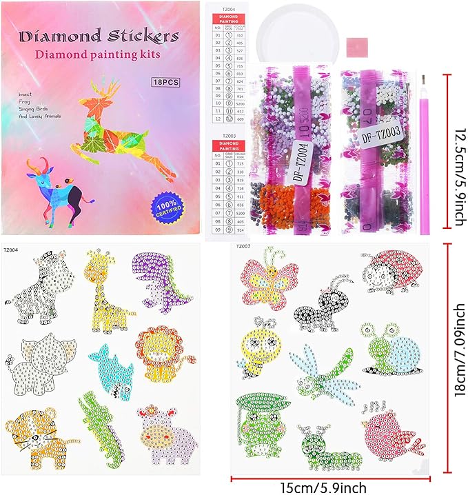 sinceroduct 5D Diamond Art Stickers for Kids, 18 Pcs Insect & Animal Sticker Kits, Eco-Friendly DIY Craft Set for Creative Skills Development