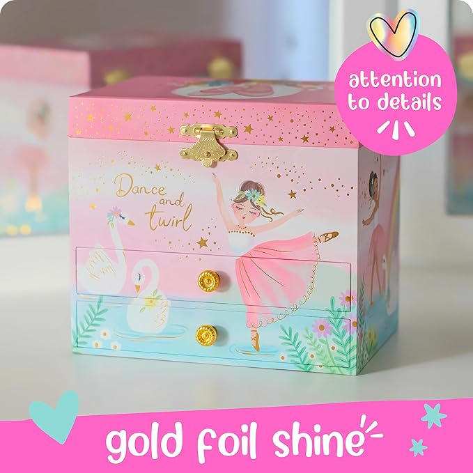 Musical Ballerina Jewelry Box for Girls - Kids Music Box with Spinning Ballerina, Ballet Birthday Gifts for Little Girls, Jewelry Boxes, 6.8 x 5.3 x 6 in - Ages 3-10, Pink
