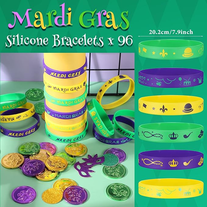 Yinkin 96 Pcs Mardi Gras Party Favors Rubber Bracelets Silicone Mardi Gras Bracelet Mardi Gras Accessories Bulk Stretchable Silicone Wristbands for Carnival Birthday Party Supply Decor Baby Shower