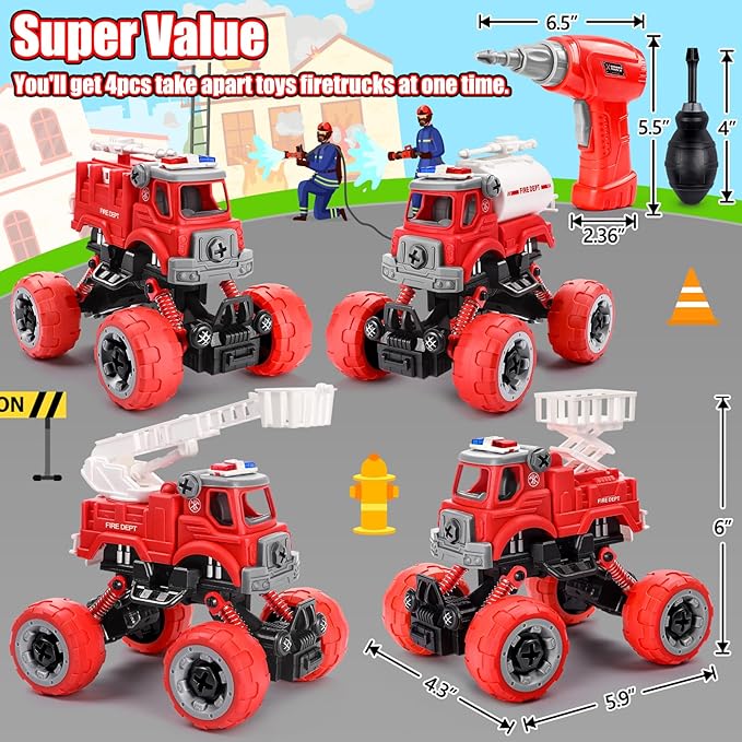 LUDILO 4PCS Fire Truck Toys for 3 4 5 Year Old Boy Birthday Gifts DIY Assembly Take Apart Firetruck with Electric Drill Stem Building Toys Xmas Bday Gifts 3 4 5 6 Year Old Boys Girls Kids Toddler Toys
