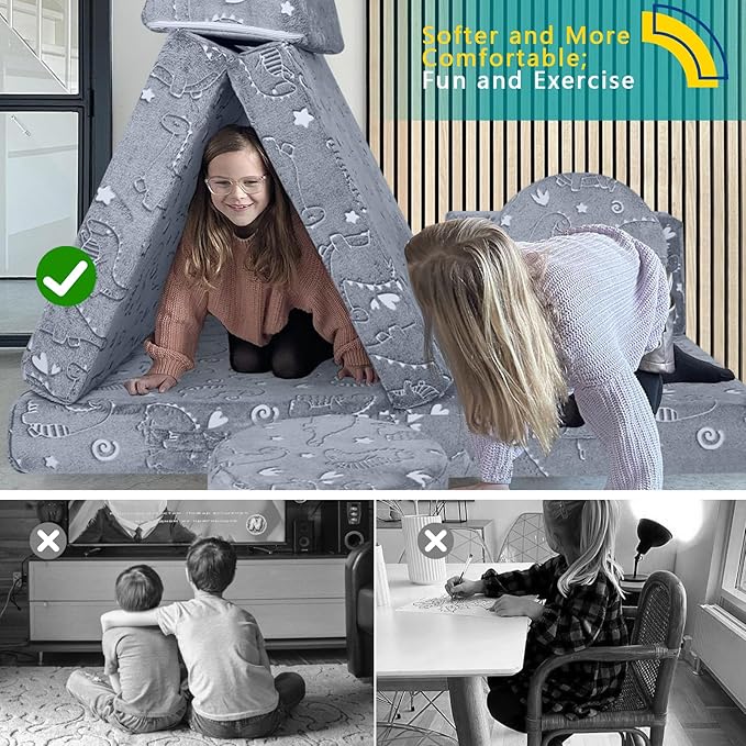 MeMoreCool Modular Glow Dinosaur Sofa for Kids, 8-Piece Convertible Foam Toddler Couch Play Set for Playroom and Children