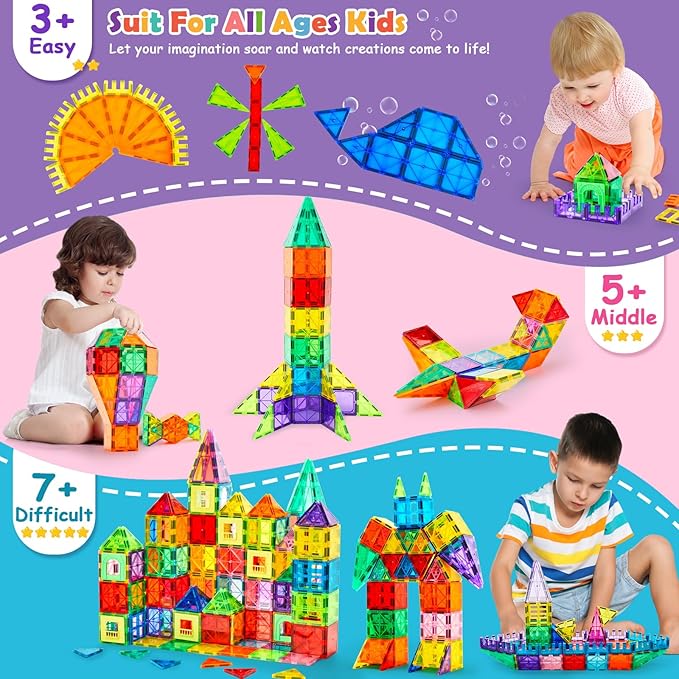 Magnetic Building Tiles for Kids, 100 PCS Magnetic Blocks with Storage Bag, Magnet Tiles STEM Educational Stacking Toys Gift for Toddler Ages 3 4 5 6 7 8 9