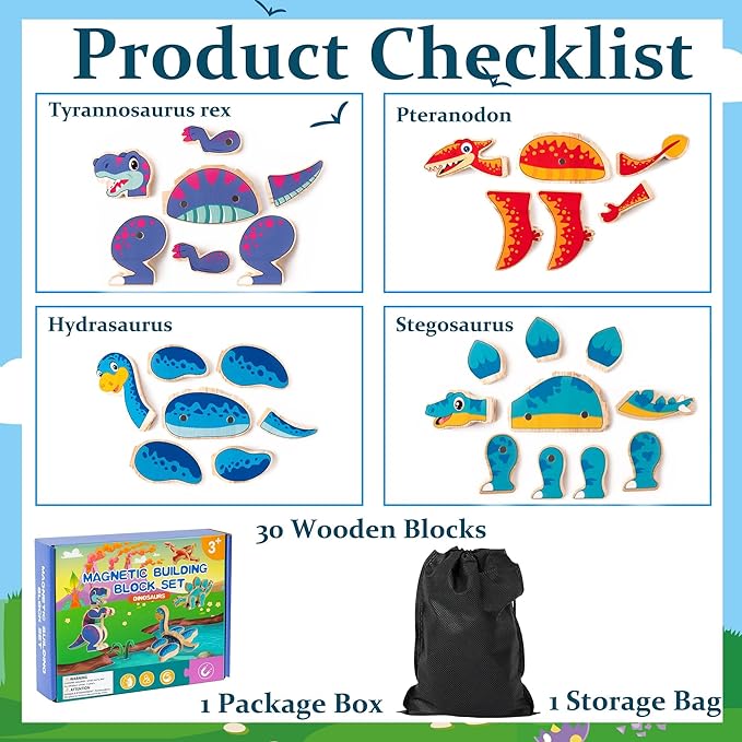 Dinosaur Snap Building Toys - Dinosaurs Snap Together Wooden Build Blocks Kits, Happy Little Animals Game, Educational Learning Wood Magnetic Take Apart Playset Toy, Birthday Gifts for Kids