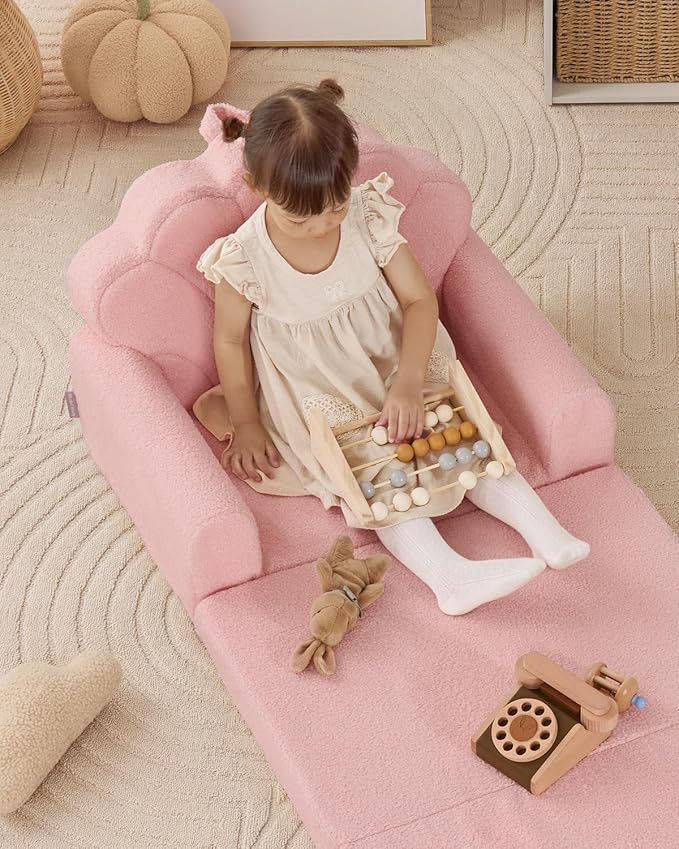 Blissful Diary Kids Couch, 2-in-1 Soft Toddler Couch Fold Out, Toddler Chair Comfy, Convertible Sofa to Lounger with Cute Shell Designs, Pink