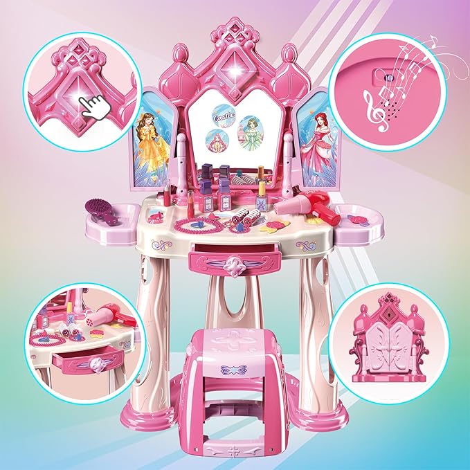 Pretend Play Girls Makeup Table Set with Stool,Open Doors by Gestures,Kids Vanity Set with Lights and Music,Toddler Beauty Salon Set with Makeup Accessories & Hair Dryer,Toy for Toddlers 2-5 Years Old