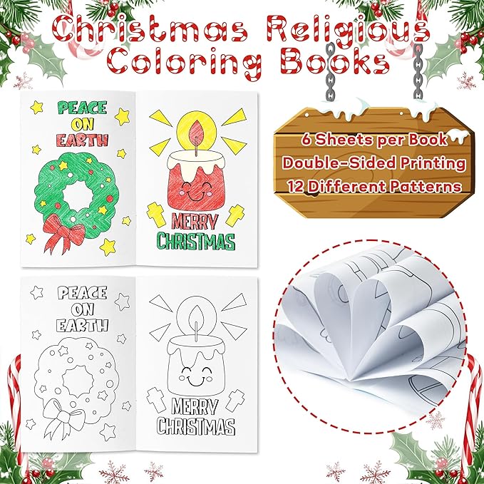 24Pcs Christmas Religious Coloring Books - Christian DIY Color-in Pages Booklet Bulk Drawing Xmas Theme Activity Party Supplies for School Classroom Rewards Holiday Artwork Gift for Kids
