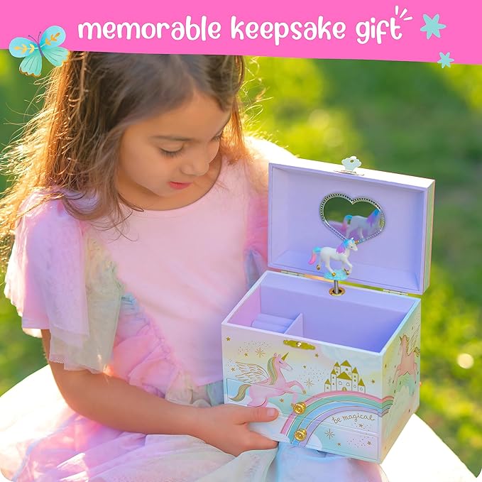 Musical Unicorn Jewelry Box for Girls - Kids Music Box with Spinning Unicorn, Unicorn Birthday Gifts for Little Girls, Jewelry Boxes, 6.8 x 5.3 x 6 in - Ages 3-10