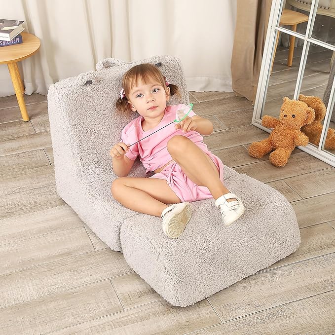 Cuddly Soft Toddler Couch with Cute Bear Ears, Kids Sherpa Lounge Sofa for Boys and Girls, Light Grey