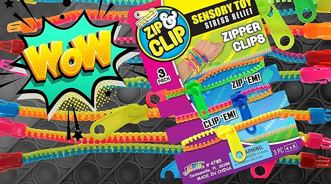 JA-RU Triple Fidget Zipper Bracelet (6 Bracelets in 2 Packs) 7.5" Neon Colors Fidget Toy for Kids Friendship Bracelet, Hand Accessories Sensory Toys Party Favors for Girls. 4785-2s