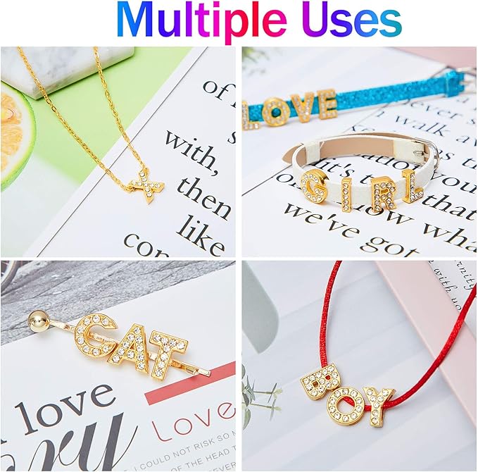 104 Pieces 8 mm Full Rhinestones Slide Alphabet Letters A-Z DIY Letters Charm for Wristbands Bracelets Necklace Choker Jewelry Making Charms Supplies, Gold