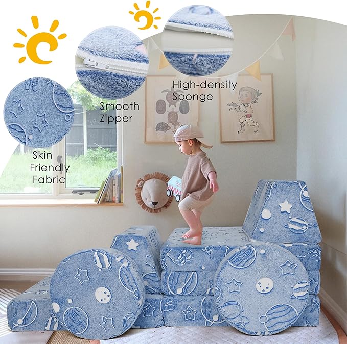 MeMoreCool Modular Glow Sofa for Kids, Space-Themed 8-Piece Convertible Foam Couch Play Set with Celestial Patterns for Toddlers and Playroom