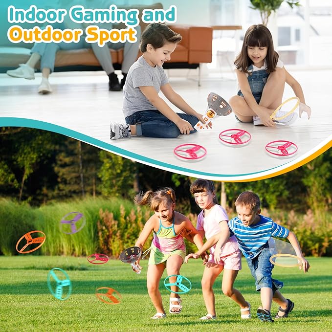 Outdoor Toys for Kids Ages 4-8 - Flying Disc Launcher Toy, Music Astronaut Flying Helicopter Toys with Sounds, 2&1 Flying Saucer Mode and Spinning Top Mode Flying Toys, Birthday Gift for 3-8 Year Old