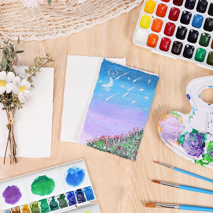 50 Sheets Watercolor Paper 4 x 6inch, 300 GSM Deckled Edge Paper Rough/Textured Handmade Paper Cotton Paper for Watercolors, Wedding Invitations, Cards, Crafts