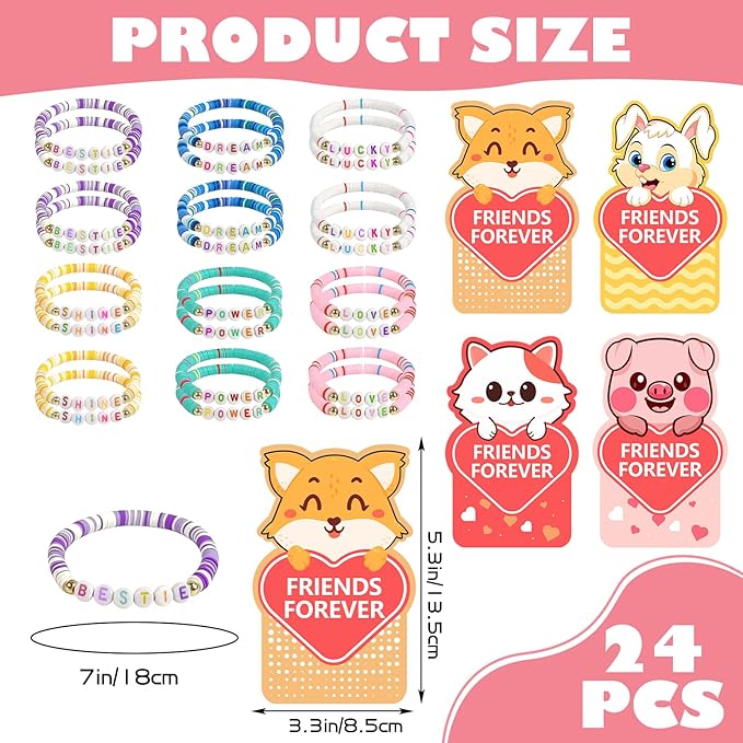 Valentine's Day card 24 packs with bracelets for kids' schools, and Valentine's Day exchange gifts with friendship beads for kids' classrooms