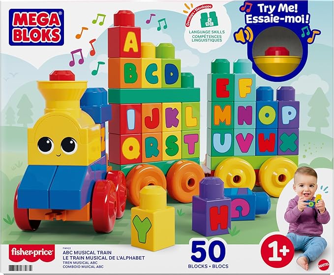 MEGA BLOKS First Builders Toddler Building Blocks Toy Set, ABC Musical Train with 50 Pieces, Music and Sounds, Ages 1+ Years