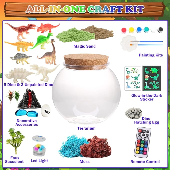 THINKKIE Dinosaur Light-Up Terrarium Kit for Kids- Christmas Birthday Gift for Boys Ages 4 5 6 7 8-12 Year Old- Dinosaur Painting Crafts Kits - Dinosaur Arts and Crafts for Kids