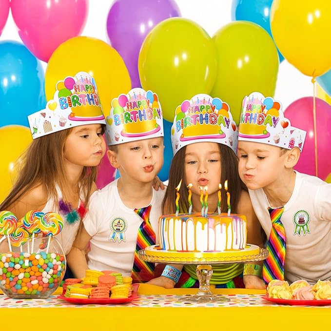Yunsailing 108 Pcs Happy Birthday Party Supplies for Kids Include 36 Birthday Paper Crowns 36 Birthday Badge Stickers 36 Happy Birthday Slap Bracelets for Classroom School Party Supply (White Color)