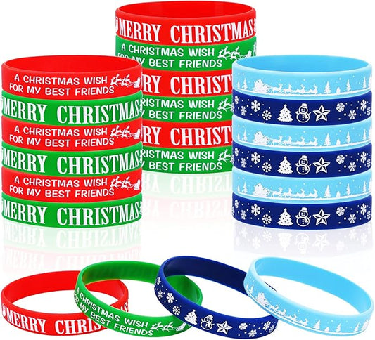 Whaline 36Pcs Christmas Silicone Bracelets Xmas Red Green Winter Blue Rubber Wristbands Assorted Design Unisex Stretch Rubber Wristband for Xmas Goodie Gift Bag Fillers Holiday Party Favor Supplies