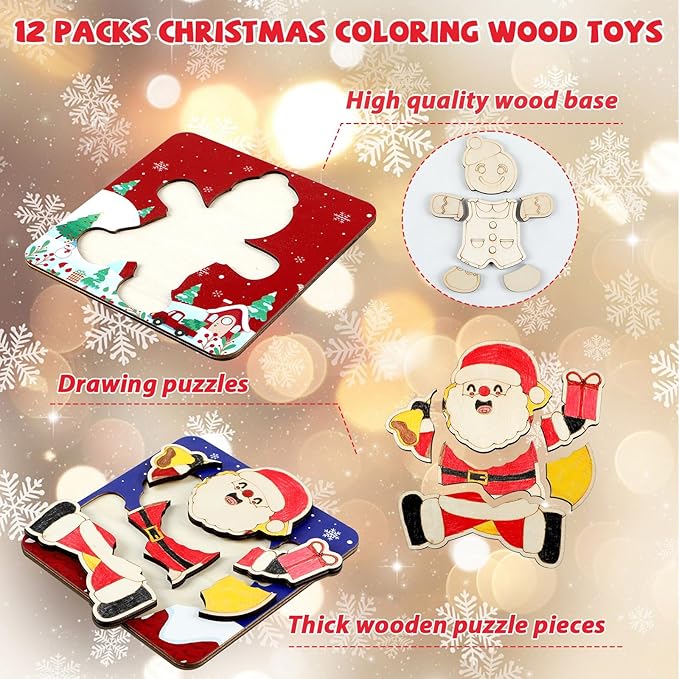 12 Pack Christmas Wooden Puzzles for Toddlers Christmas Puzzles Coloring Craft Kit for Kids Christmas Stocking Stuffers Crafts Toys Winter Xmas Party Favors Gifts Jigsaw Puzzle