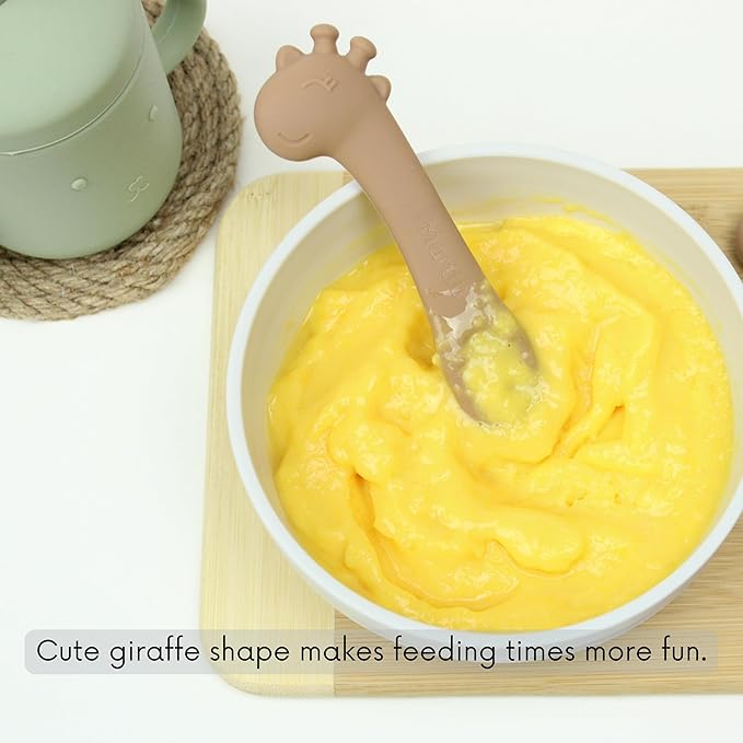 Silicone Giraffe Baby Spoon and Teether BPA Free Soft Tip Utensils for Baby Led Weaning Self Feeding and Teething Relief Dishwasher Safe Easy to Hold Infant Training Spoon Set for 6+ Months 2 Pack