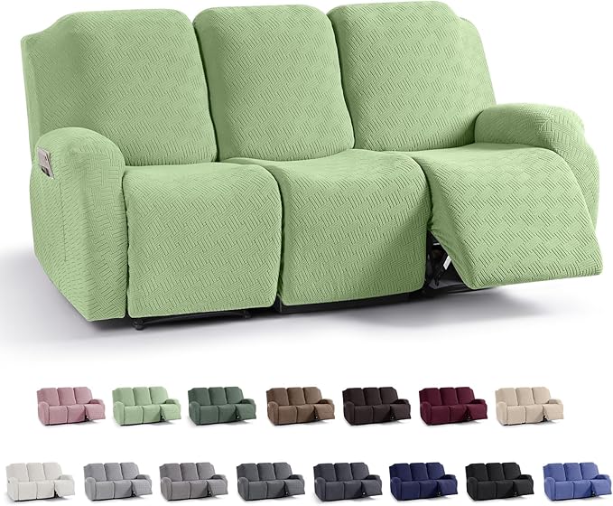 KinCam Recliner Covers, Stretch Reclining Chair Covers, Recliner Sofa Slipcovers Stripe Jacquard Recliner Couch Covers Furniture Protector Covers for Pet Kid (3 Seater, Light Green)
