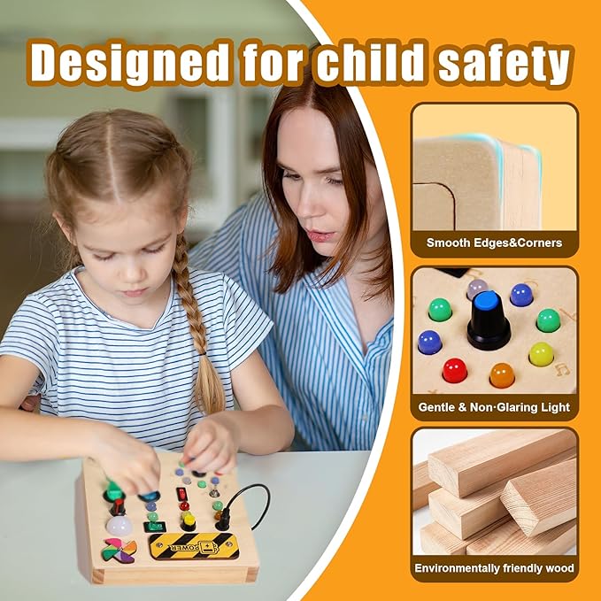 Busy Board with pinwheels Led Light, Wooden Educational Montessori Sensory Travel Toys for Toddlers 1-3, Fine Motor Skills Birthday Gifts for Boys Girls Toddlers 1 2 3