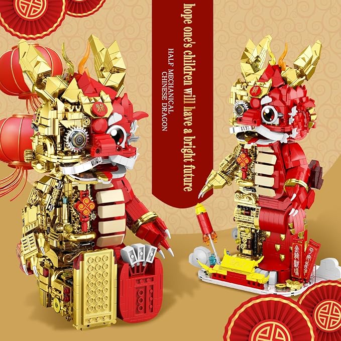 Suitable for Ages 15+ Small Particles (1962 Pieces) Semi Mechanical Chinese Loong Building Block Toys Compatible with Lego Comes with a Transparent Display Box and Building Block Tool Set