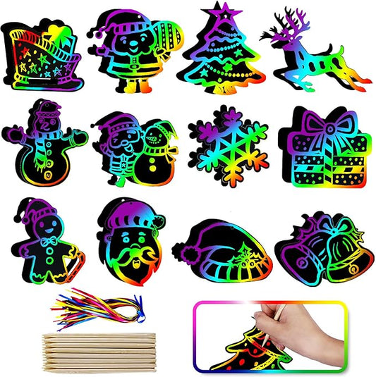 Max Fun Christmas Crafts Scratch Art for Kids, 96PCS Ornaments Rainbow Magic Color Scratch Off Cards Paper Hanging Art Craft Supplies Educational Toys Kit for Kid Party Favor
