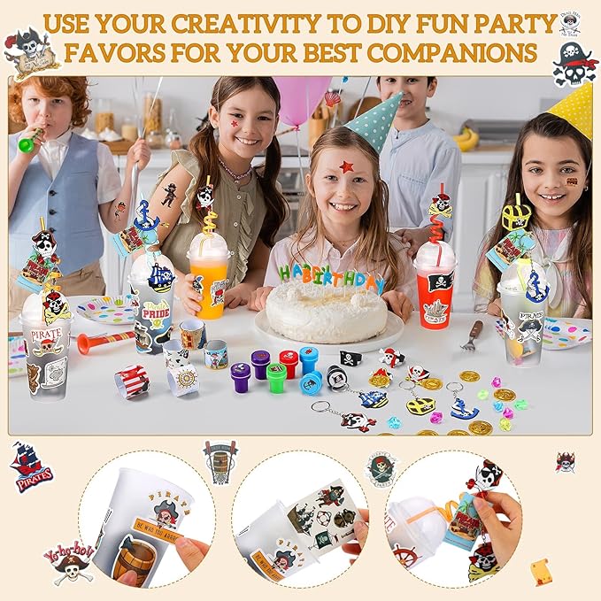 Spakon 283 Pcs Pirate Party Favors Supplies Halloween Party Include Pirate Pendants Bracelets Cup Straw Keychains Rings Eye Masks Mustache Tattoo Stickers Gold Coins Cards for Birthday Party