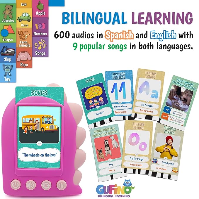GUFINO Learning Toys for Toddlers 1-3 – Pink Bilingual Toys in Spanish and English with Sight Words Flash Cards 1st Grade and Older – Juguetes para Niñas de 3 Años. Early Language Development