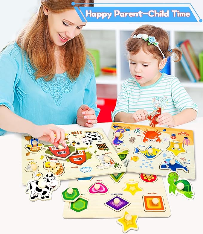 Wooden Peg Puzzles for Toddlers,Montessori Toddler Puzzles for Child,Fine Motor Skill Learning Puzzles Toys for Baby Boys Girls Gifts-3 Pcs Shape,Farm,Sea Animal