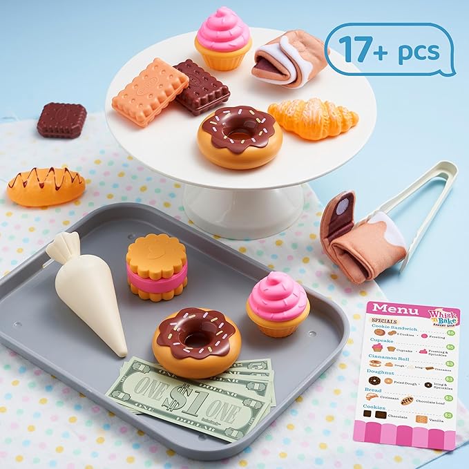 Cookie Play Food Set, Toddler Pretend Toys, 17 PCS Kitchen Toy Food Sets with Plastic Cookies, Baking Menu, Bakery Tray, and Play Money for Boys and Girls, Birthday Gift for Kids