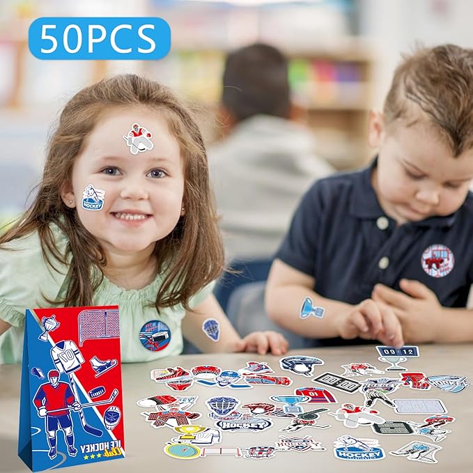 113 PCS Hockey Party Favors Set ,41 Hockey Stickers, 12 Goodie Bags,12 Button Badges,12 Slap Bracelets, 12 Balls, 12 Pencils, 12 Keychains for Ice Hockey Sports Party Birthday Gift Supplies