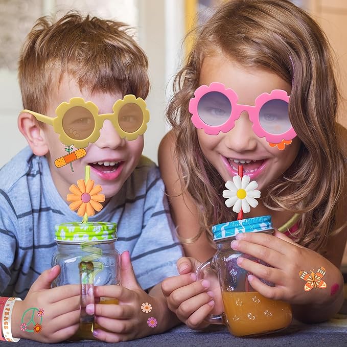 120PCS Groovy Party Favors,Includes Bus Boxes Retro Flower Sunglasses Temporary Tattoos Stickers Slap Bracelets Keychains Plastic Straws Silicone Bracelets For Boho Hippie Birthday Party