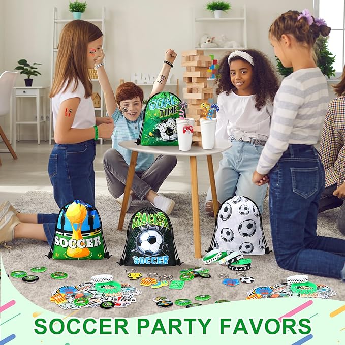 Sadnyy 140 Pcs Soccer Party Favors Birthday Party Decorations Supplies Drawstring Bags with Silicone Bracelets Keychains Straws Button Pins Stickers for Classroom Rewards Goodie Bags Stuffers